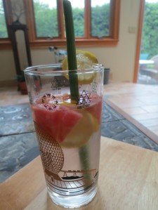 cool lemonade with fruit and a lovage straw
